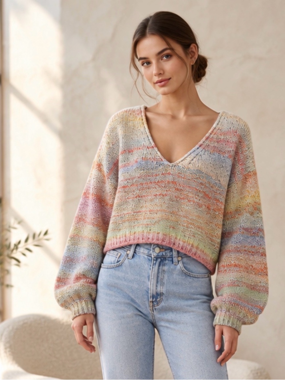 Urban Outfitters Lyra Space Dye V-Neck Cropped Balloon Sleeve Sweater S